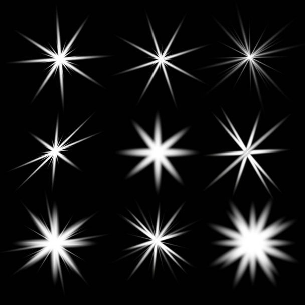 Parlayan ışıkların, alevlerin, patlamaların ve yıldızların etkisi. Siyah arkaplanda özel efekt - Vektör, Görsel