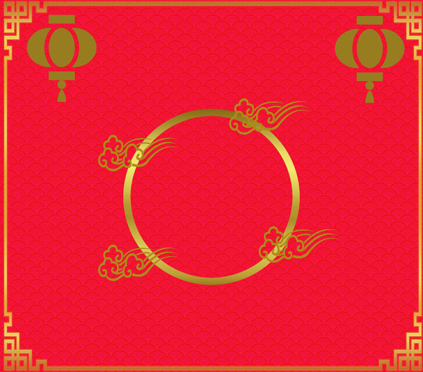 Çin yeni yıl afişi, gösteri için daire şeklinde. Tebrik kartı. Kırmızı fenerli Çin çerçevesi. - Fotoğraf, Görsel