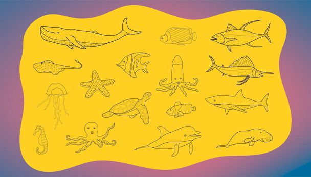 set of all ocean cute animal. doodle hand drawing style. vector illustration eps10 - Vector, Image