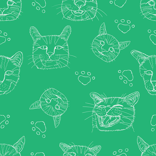seamless pattern set line sketch of different element cute cat head and footprint. vector illustration eps10 - Vektor, Bild