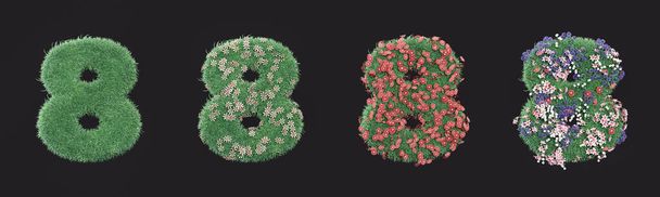 Ένα χορταστικό νούμερο οκτώ στο οποίο φυτρώνουν πολύχρωμα λουλούδια. Μεμονωμένο οικολογικό αριθμό 8 με τέσσερα στάδια σε σκούρο φόντο, 3d Renderding, κανείς - Φωτογραφία, εικόνα