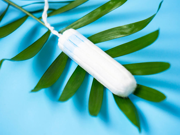 Чистый белый ватный тампон на синем фоне на зеленом листе. Женская гигиена во время менструации, косметические процедуры. - Фото, изображение