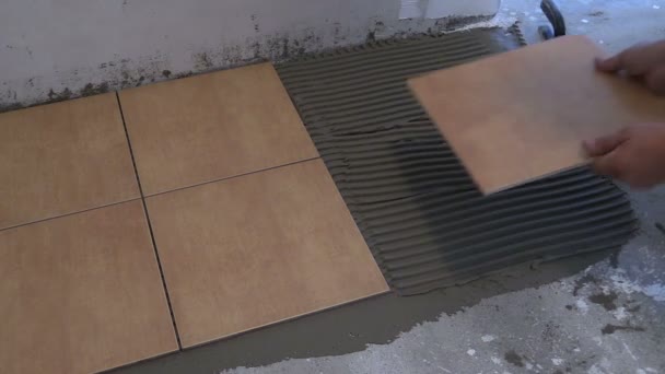 Рабочий клей керамической плитки на полу дома. Ремонт дома
 - Кадры, видео