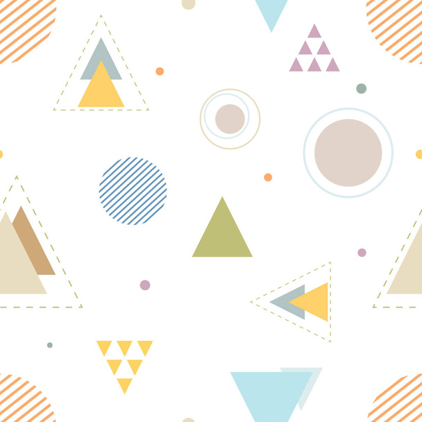 Треугольники и круги разного размера и цвета, тире формы, полосатые раунды на белом фоне. Бесшовный геометрический абстрактный шаблон. Подходит для упаковки, текстиля, обоев. - Вектор,изображение