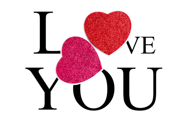 I Love You Valentines cartão ou design de cartaz com corações vermelhos românticos e texto isolado em branco para um ente querido - Foto, Imagem