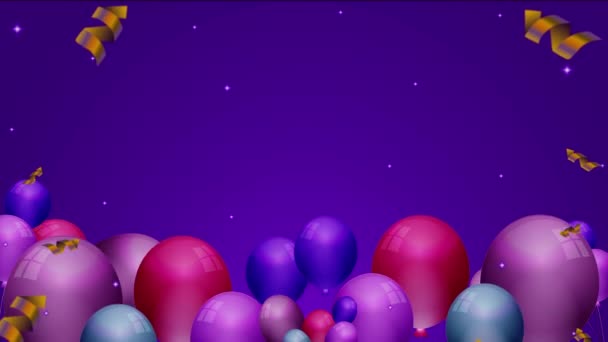Feliz cumpleaños filmación en movimiento con globos de fondo violeta - Imágenes, Vídeo