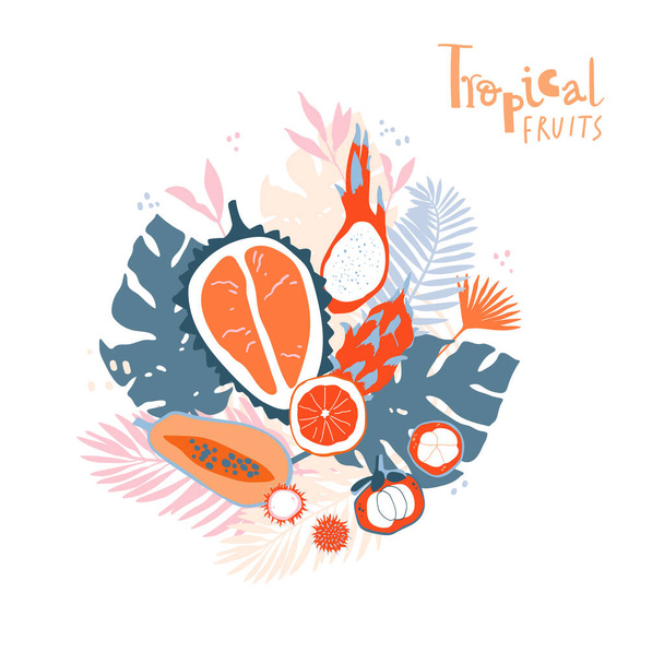 Tropical fruits and jungle leaves composition. Bright and juicy elements in simple elegant style. Vector illustration. - Vektör, Görsel