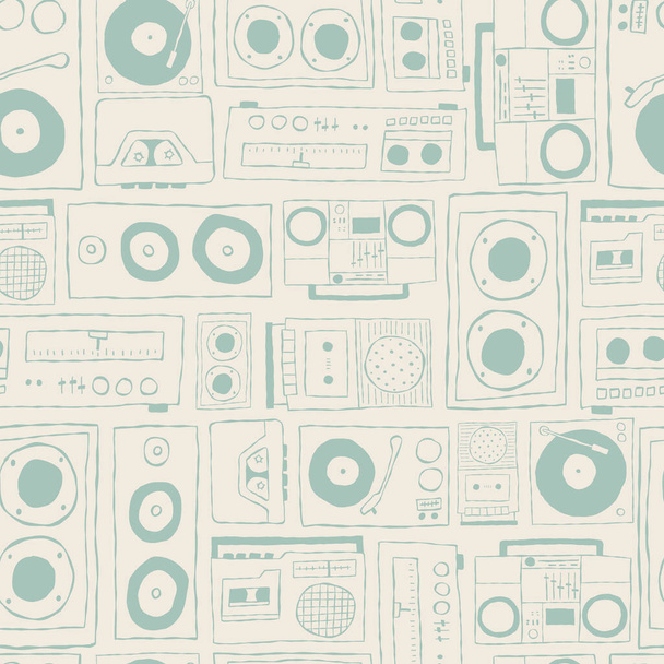 Vector nostalgic 80s 90s retro cassette tape player, stereo, speakers, boombox, music player seamless repeat pattern background. Perfect for fabric, wallpaper, wrapping paper, scrapbooking projects. - Vector, Image