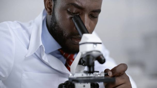 focused african american scientist looking through microscope in clinical laboratory - Fotografie, Obrázek