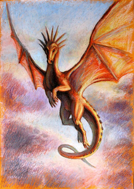 Létající drak při západu slunce. Ilustrace v pastelech na oranžovém pozadí.  - Fotografie, Obrázek