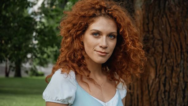 young redhead woman looking at camera in green park  - Foto, Bild