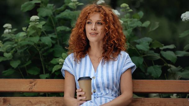 curly redhead woman in dress smiling and holding paper cup while sitting on bench in park  - Фото, изображение