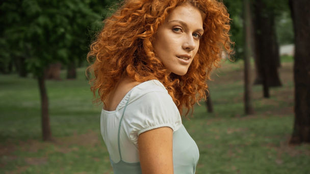 curly redhead woman in blue dress looking at camera - Photo, Image