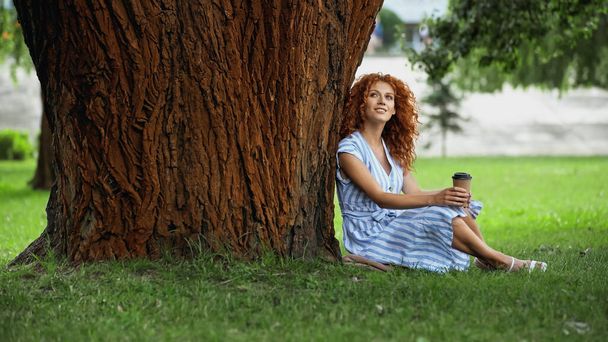 femme rousse bouclée en robe à rayures bleues assise sous le tronc d'arbre avec tasse en papier - Photo, image