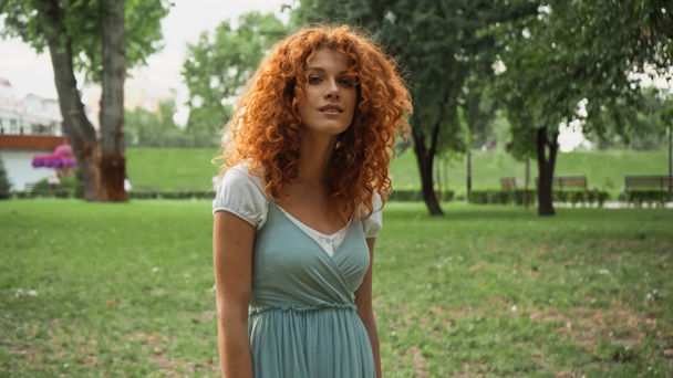 pretty redhead woman looking at camera while standing in park - Fotoğraf, Görsel