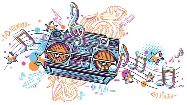 Music design - funky colorful drawn boom box tape recorder with clef, musical notes and graffiti arrows - Вектор, зображення