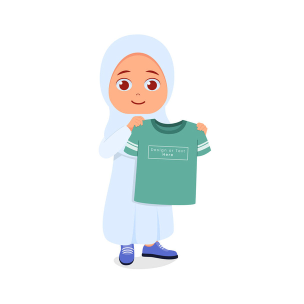 Мусульманська дівчина тримає футболку щасливим обличчям. - Вектор, зображення