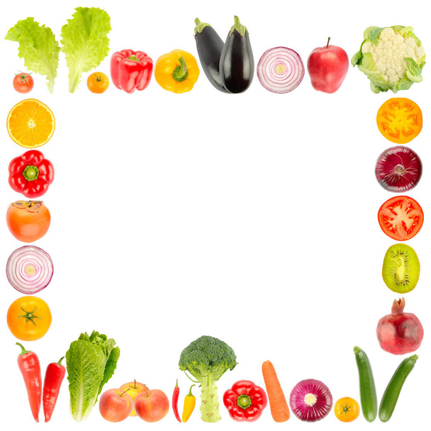 Ripe fruits and vegetables square frame isolated on white background - Foto, Imagem