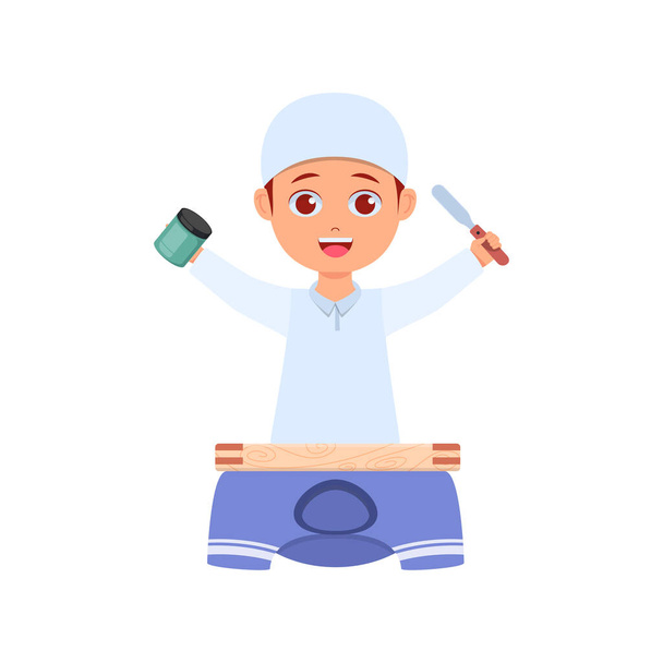 Cute boy ready to screen print clothes with ink and wood handle in hand - Vector, Image