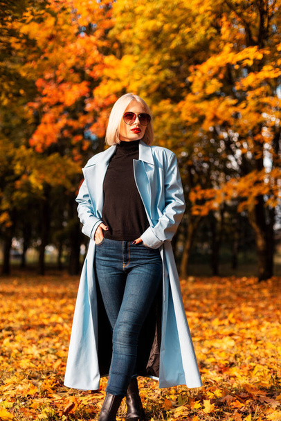 Elegante hermosa mujer joven en un abrigo azul de moda con jeans y suéter camina en un parque amarillo de otoño con follaje de otoño en un día soleado - Foto, imagen