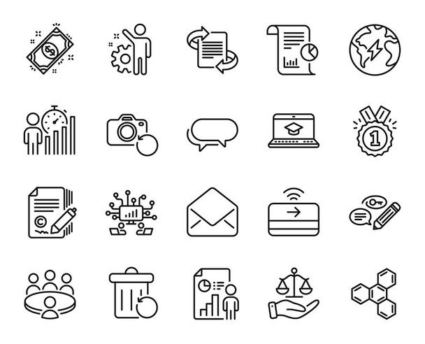 Vector set of Justice scales, Recovery trash and Contactless payment line icons set. Meeting, Business statistics and Keywords icons. Business report, Recovery photo and Approved signs. Vector - Vektor, kép