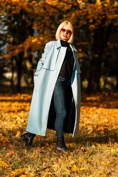 Mujer bastante joven y elegante en gafas de sol vintage con un elegante abrigo azul camina en un parque de otoño con follaje de otoño amarillo en un día soleado - Foto, imagen