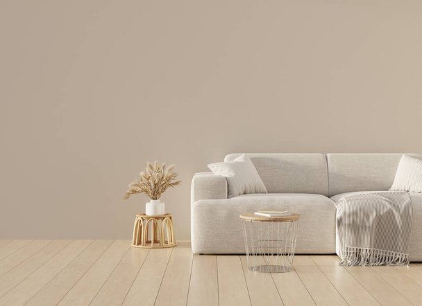 Bright minimalist beige room with sofa, plant and table and big empty wall mock up. 3D render. 3D illustration. - 写真・画像