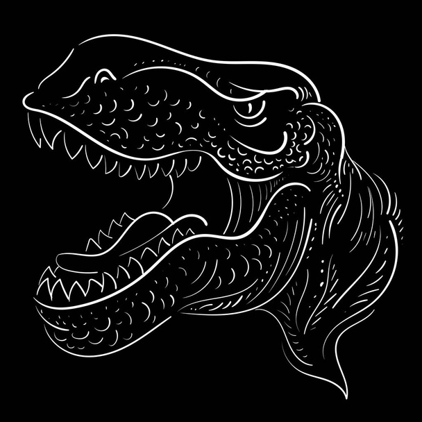 The Vector logo dragon or dinosaur on black cloth for T-shirt print  design or outwear.  Hunting style reptile background. This drawing would be nice to make on the black fabric or canvas - Vector, Image