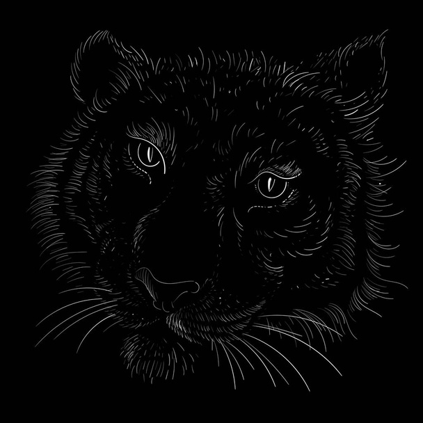 Το λογότυπο Vector τίγρης για τατουάζ ή T-shirt σχεδιασμό ή outwear. Κυνηγετικό στυλ μεγάλο αποτύπωμα γάτας σε μαύρο φόντο. Αυτό το σχέδιο χέρι είναι για μαύρο ύφασμα ή καμβά - Διάνυσμα, εικόνα
