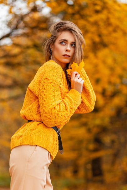 Retrato de otoño de una hermosa joven en un suéter de punto vintage con una hoja de color amarillo otoño en la naturaleza con follaje dorado brillante - Foto, Imagen
