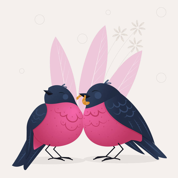Cartoon hand drawn vector illustration of a cute pink robin bird on light background in flat style. One bird gives a present to another - ベクター画像