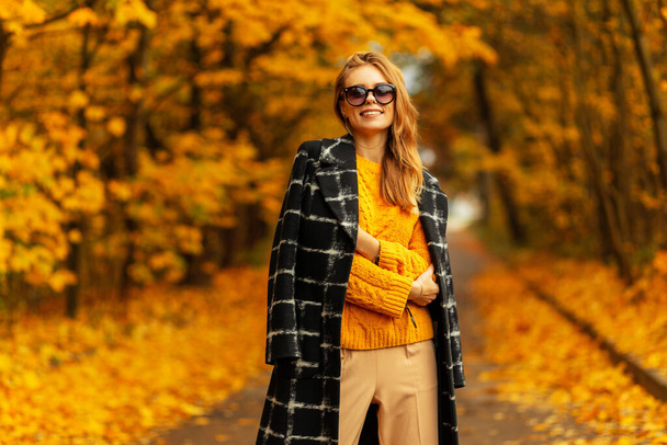 コート、ニットセーター、サングラスの散歩とファッショナブルな服の表情で笑顔で美しいファッショナブルな女性モデルの幸せな肖像画と公園で秋の天気を楽しんでいます - 写真・画像