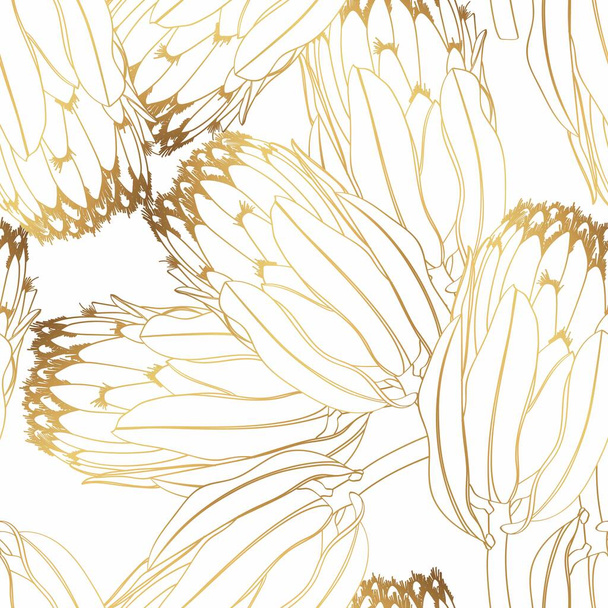 Egzotyczne tropikalne kwiaty złotej linii protea kwiaty bezszwowy wzór. Białe tło. Złota tapeta kwiatowa.  - Wektor, obraz