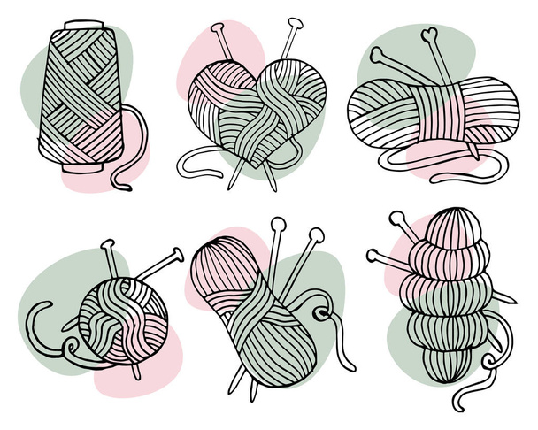 Набор икон на тему вязания, вытянутые нашивки, нитки и вязальные иголки на абстрактных пятнах. Любовь к вязанию - Вектор,изображение