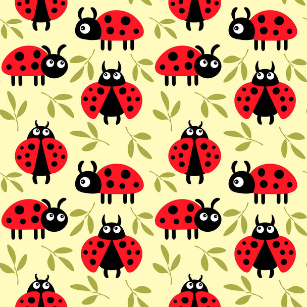 Seamless pattern for kids, cute funny ladybugs, leaves on a gentle yellow background. Print, decor for kids bedroom, textile - Vector, Image