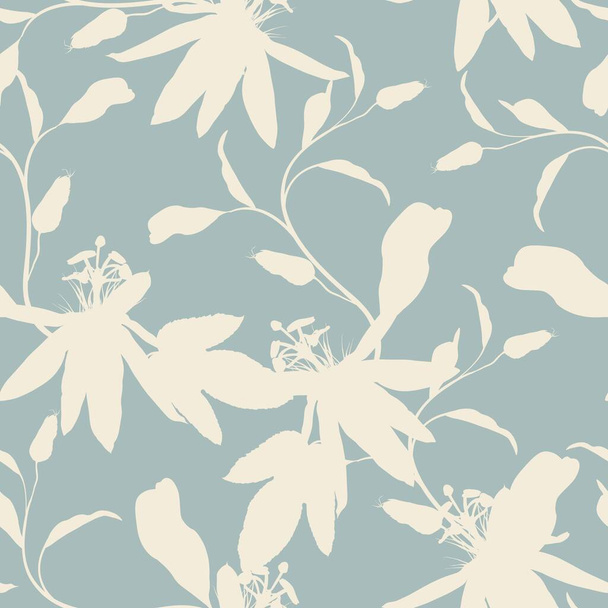 Tropic summer painting seamless pattern with exotic flower branch silhouette. Trendy exotic flower wallpaper on blue background. - Vector, imagen