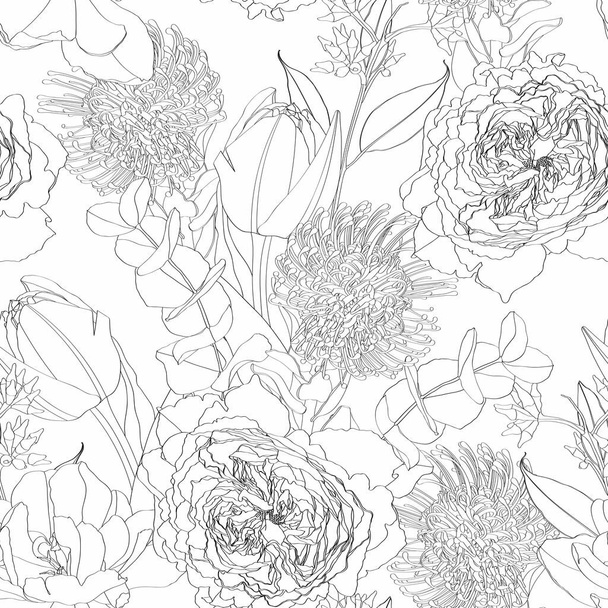 Tropische Blüten mit floralen Linien, Eukalyptuszweige mit nahtlosem Muster. Weißer Hintergrund. Linie florale Tapete.  - Vektor, Bild