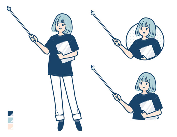 A woman wearing a big size T-shirt with Explanation with a pointing stick images.It's vector art so it's easy to edit. - Vektori, kuva