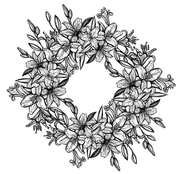 Botanical vector illustration, summer lilium flowers, bouquet of flowers, line art style, romantic decoration, Handmade, tattoo, print on t-shirt - Vector, imagen
