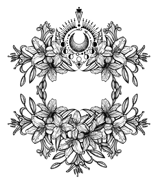 Botanical vector illustration, summer lilium flowers, bouquet of flowers, line art style, magic astrology, romantic decoration, print on t-shirt, Handmade, tattoo - Vecteur, image