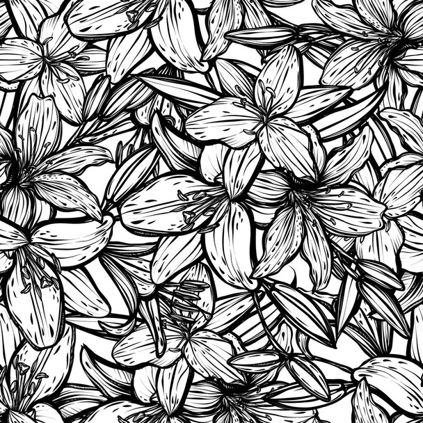 Botanical vector illustration, summer lilium flowers, bouquet of flowers, line art style, romantic decoration, Handmade, light  background, seamless pattern - Vector, imagen