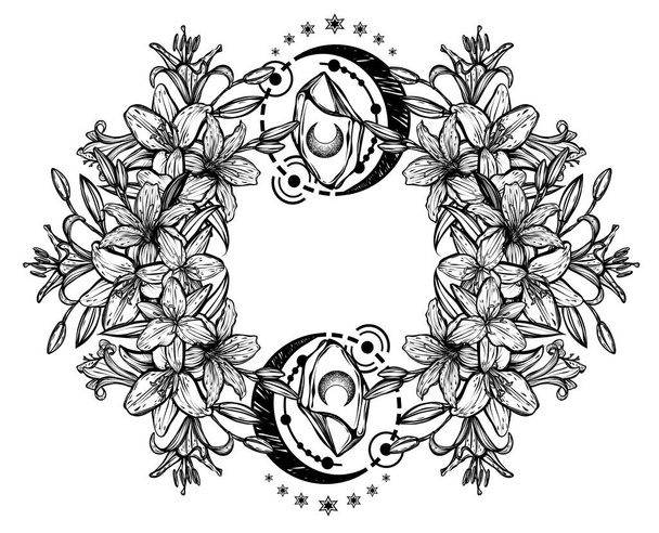 Botanical vector illustration, summer lilium flowers, bouquet of flowers, line art style, magic astrology, romantic decoration, tattoo, print on t-shirt, Handmade - Вектор,изображение