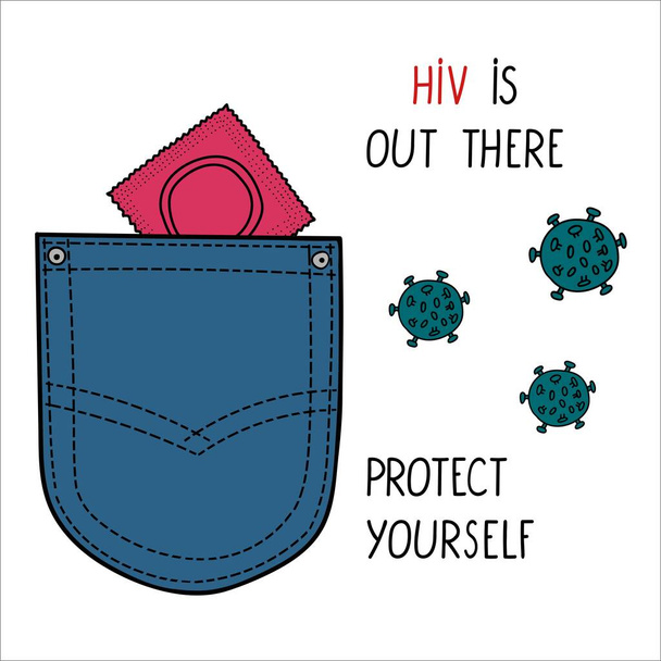 Jeans bolsillo con condón y virus fuera de la ilustración - Vector, Imagen