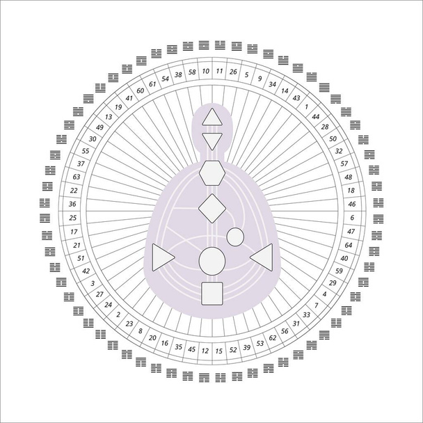 Mandala human design mit bodygraph, hexagramme i ching, gates nummern für präsentation, lehrmaterialien. Vektorillustration - Vektor, Bild