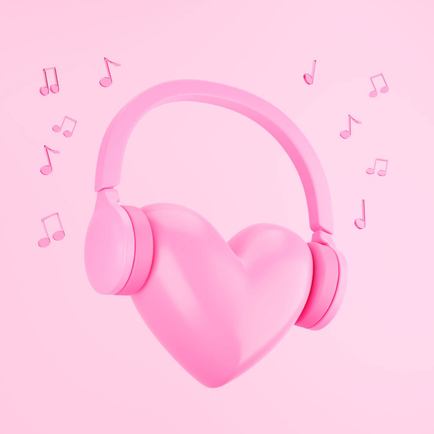 Srdce a sluchátka. Ilustrace lásky k hudbě. Poslouchej své srdce. Růžové pozadí. 3D vykreslování - Fotografie, Obrázek