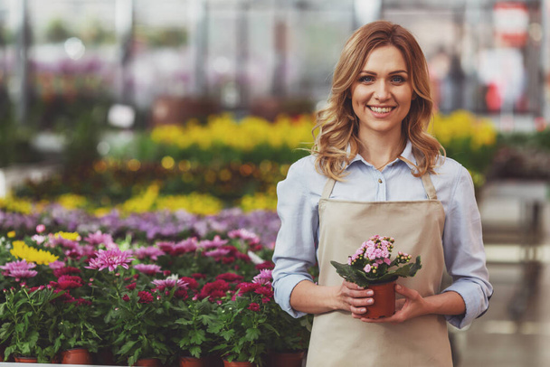 Beautiful young woman in apron is holding a plant and smiling while standing in orangery - Photo, Image