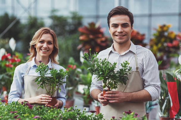 schöne junge Frau und Mann in Schürzen halten Pflanzen, blicken in die Kamera und lächeln, während sie in der Orangerie stehen - Foto, Bild