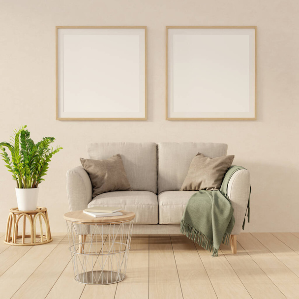 Interiér obývacího pokoje s pohovkou, rostlinou a konferenčním stolkem. Dva obrázky na stěně. 3D vykreslení. 3D ilustrace. - Fotografie, Obrázek