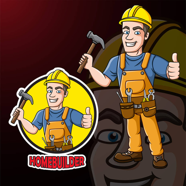 Vector Illustration of Cartoon builder man holding a hammer - Vector, Image