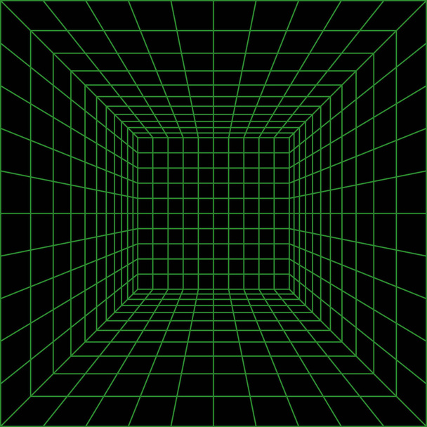 Sześcian perspektywiczny. Pokój 3d z siatką przewodów. Siatka laserowa 3D perspektyw. Cyberprzestrzeń czarne tło z zieloną siatką. Futurystyczna cyfrowa przestrzeń w wirtualnej rzeczywistości. Ilustracja wektora - Wektor, obraz